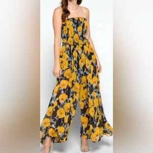 Free People Yellow/Black Floral Sophia Jumpsuit Size Large
